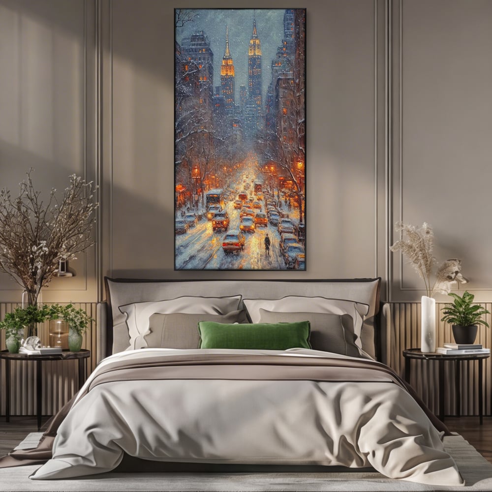 Tablou canvas cu pictura cu bulevard inzapezit si masini, in rama de aluminiu negru, pe perete intr-un dormitor